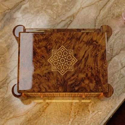 Artisan handcrafted thuya wood jewelry box detail of mother of pearl inlay Morocco