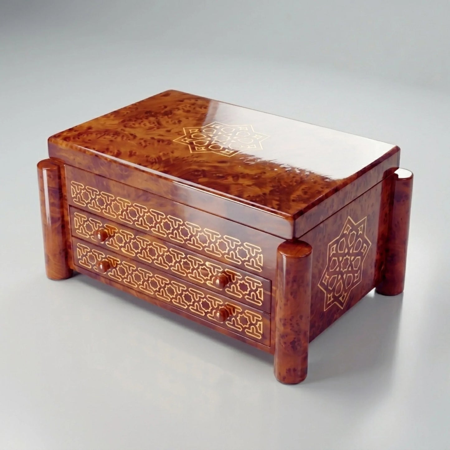 Handcrafted thuya burl wood jewelry box with mother of pearl inlay - Pandora Marrakech front view by Darzai