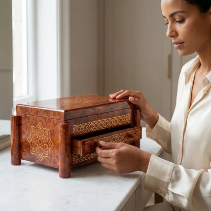 Handmade Moroccan thuya burl jewelry box close-up of wood grain and craftsmanship
