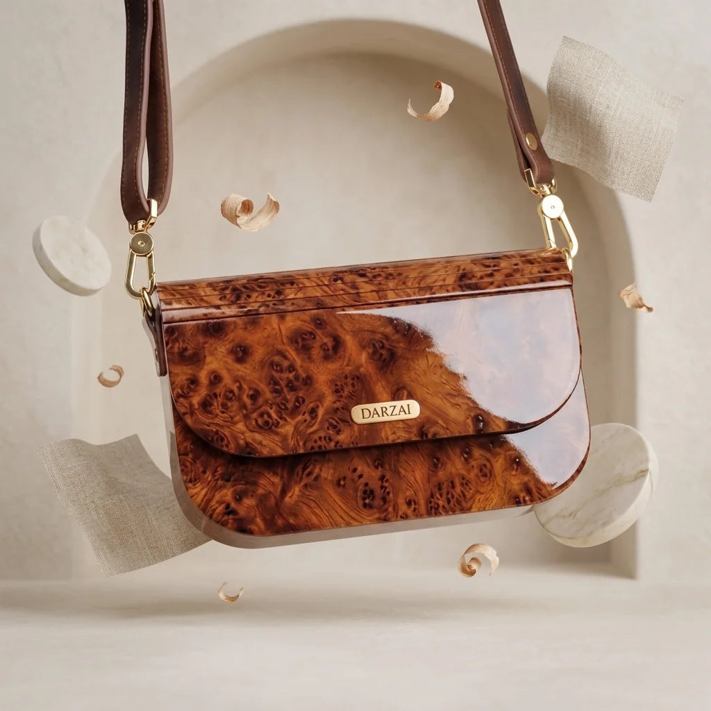 Luxury Moroccan saddle bag thuya burl wood panel and handstitched leather detail