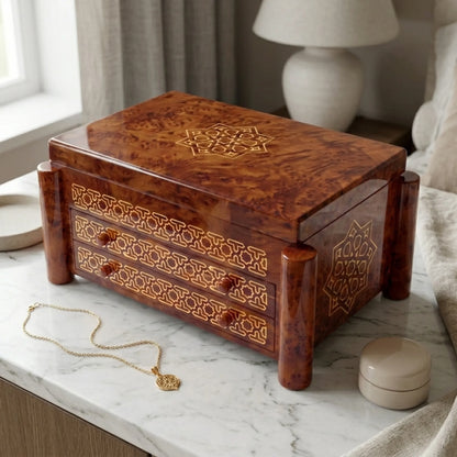 Luxury Moroccan thuya burl wood jewelry box open interior with velvet lining