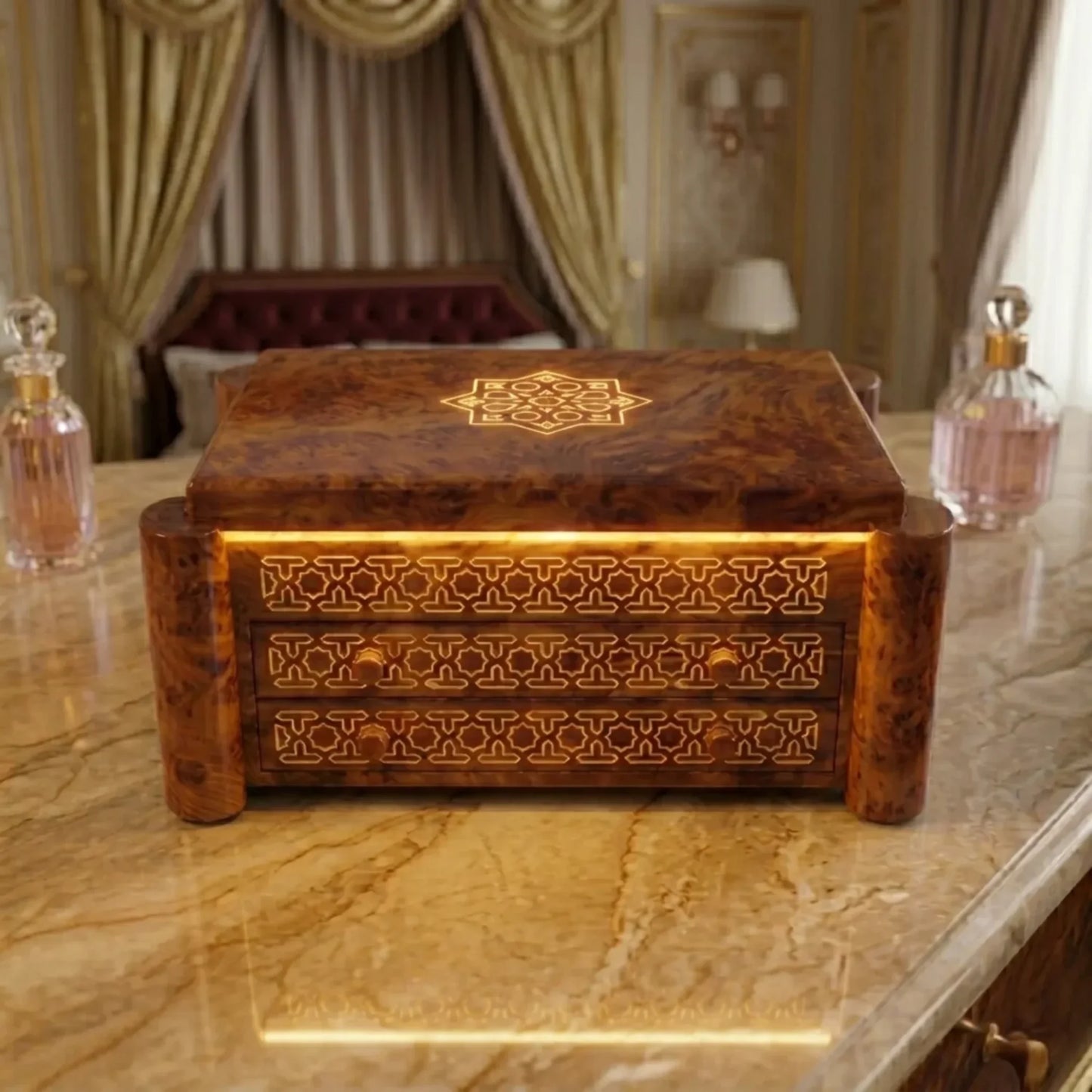 Pandora Marrakech thuya wood jewelry box angled view showing zellige carved pattern